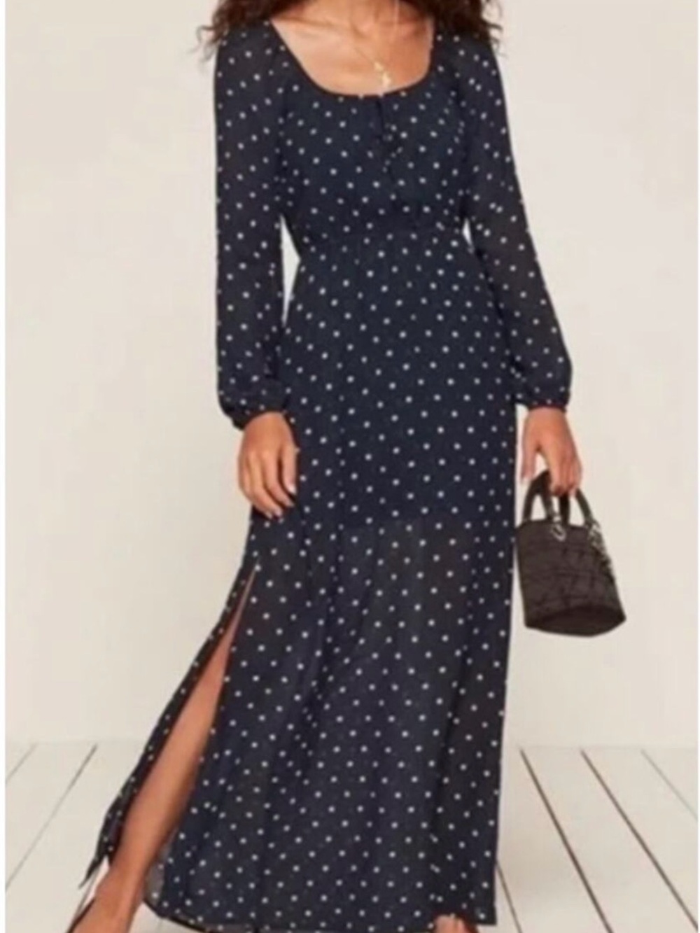 Reformation Navy and White Polka Dot Long Sleeve Maxi Dress